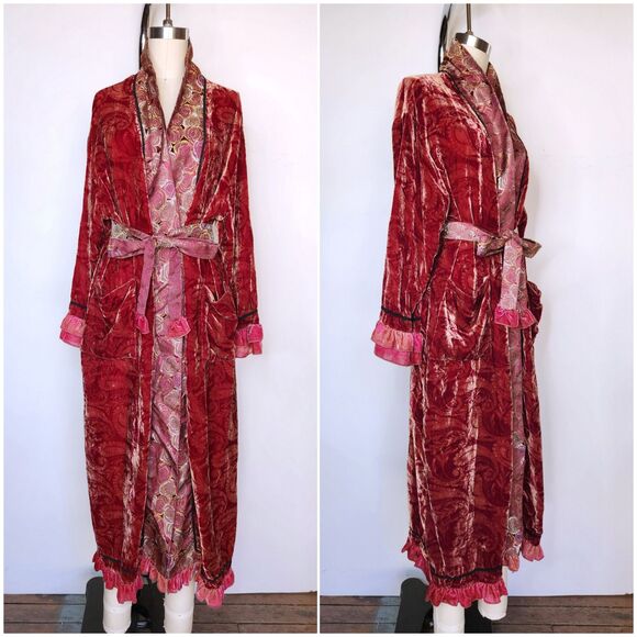 Vintage Velvet Silk Robe Duster Layering - Romantic Long Floral Layering XS S - Picture 5 of 10
